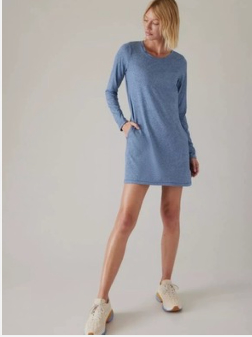Athleta Heathered Blue Uptempo Long Sleeve Thumb Holes Pocket Dress Size: S